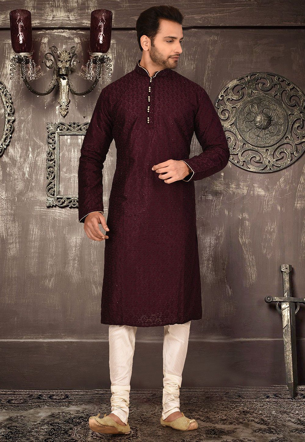 Maroon Dupion Silk Kurta Cotton Silk Pajama Set | Designer Embroidery