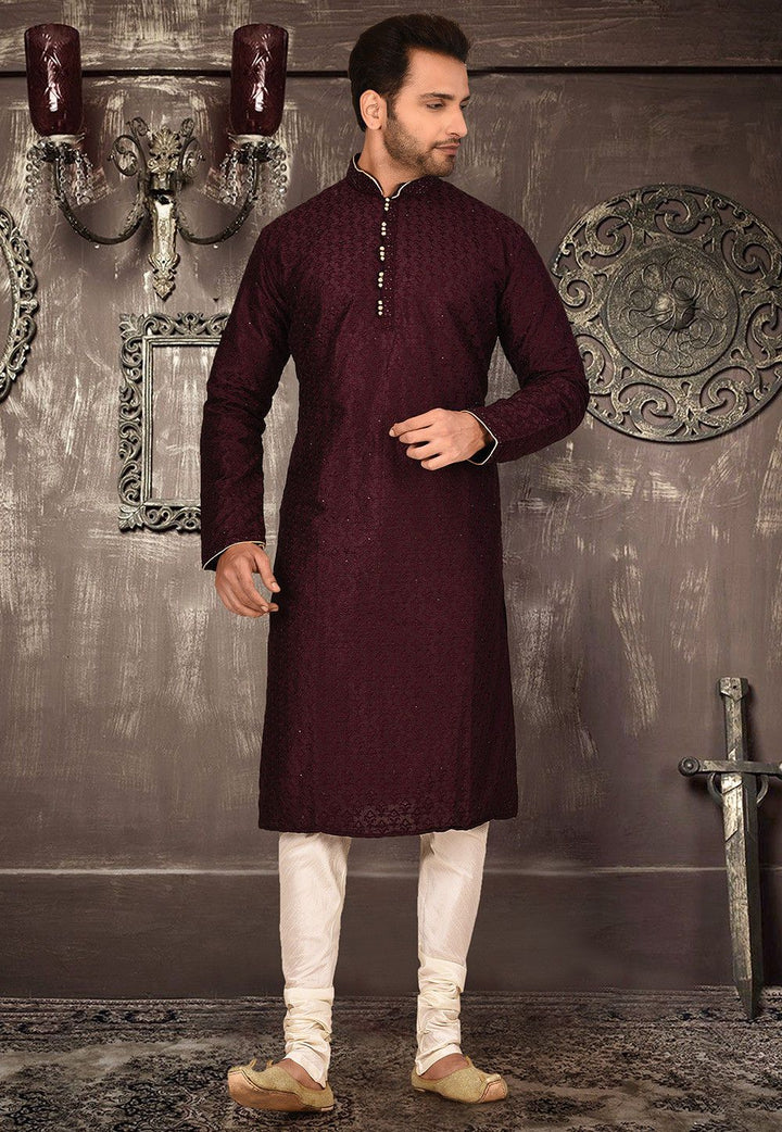 Maroon Dupion Silk Kurta Cotton Silk Pajama Set | Designer Embroidery