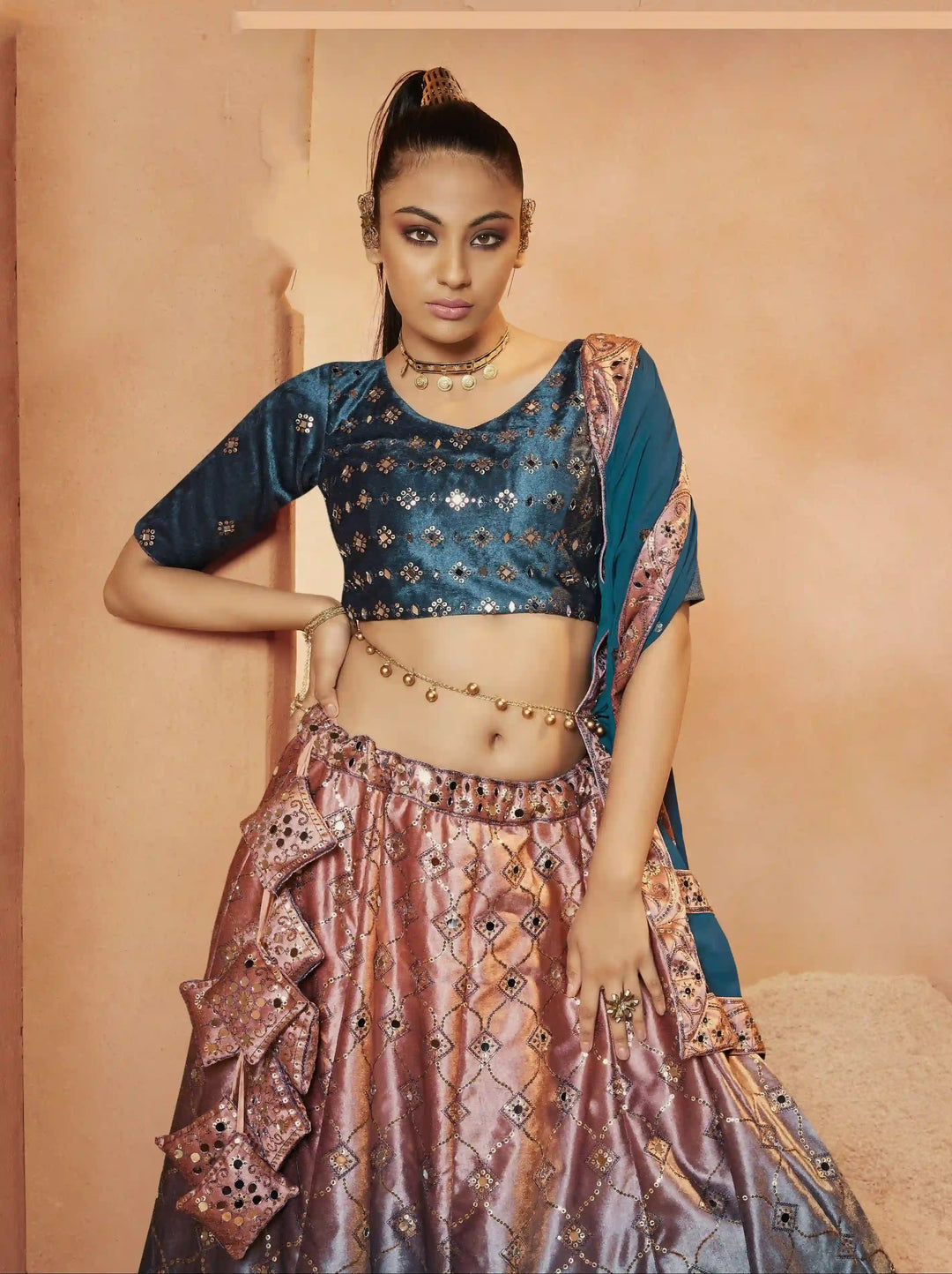 Velvet Sequined Bridal Lehenga | Mirror Embroidery for Weddings & Parties
