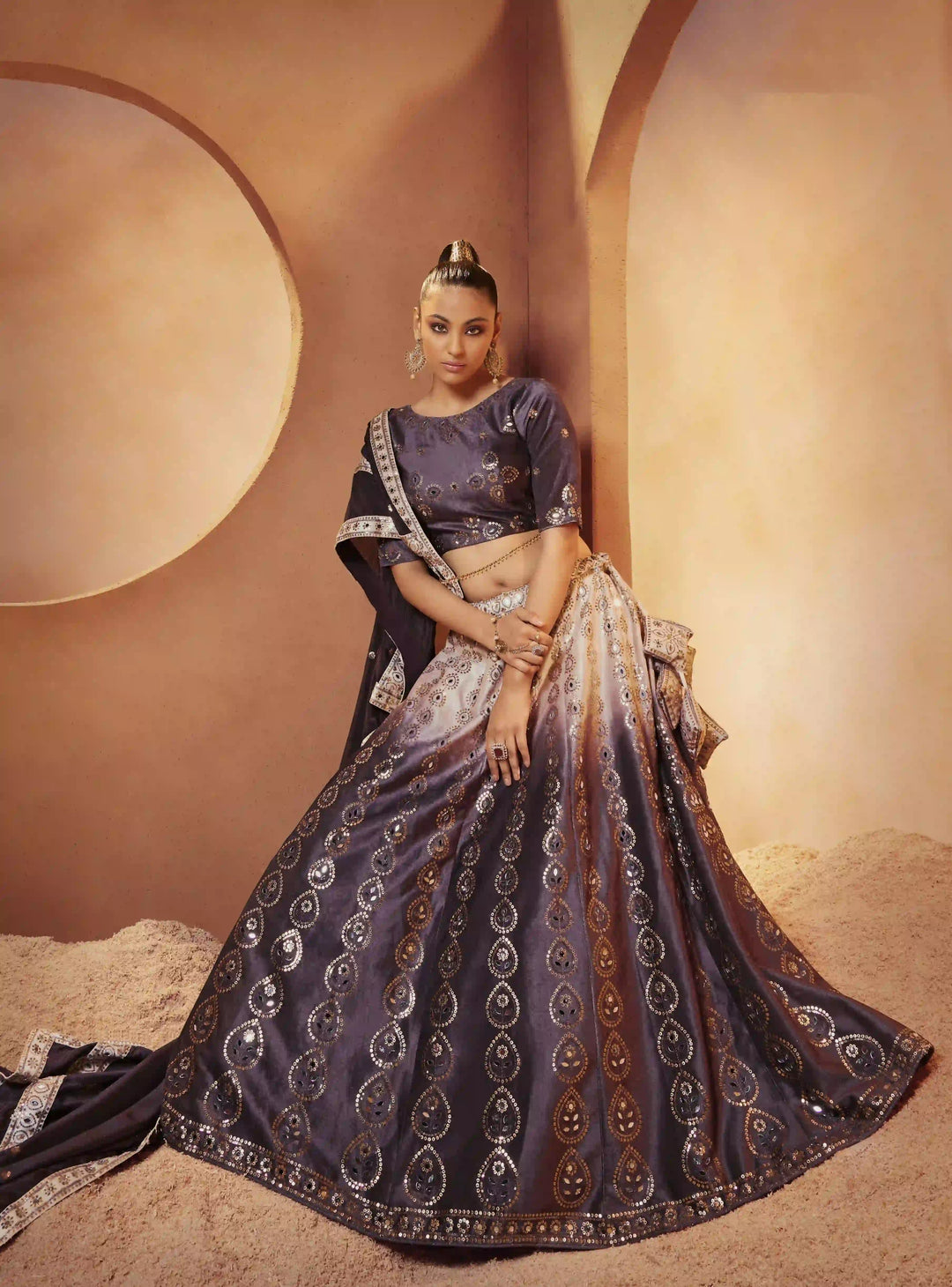Velvet Sequined & Mirror Embroidery Lehenga | Bridal Wedding Wear
