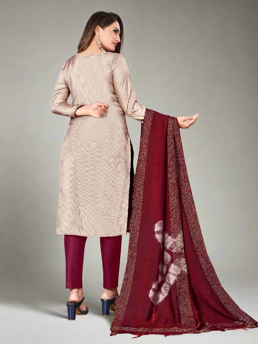 Embroidered Zara Silk Suit | Indo Cotton Bottom with Printed Dupatta