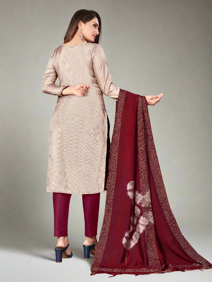 Embroidered Zara Silk Suit | Indo Cotton Bottom with Printed Dupatta
