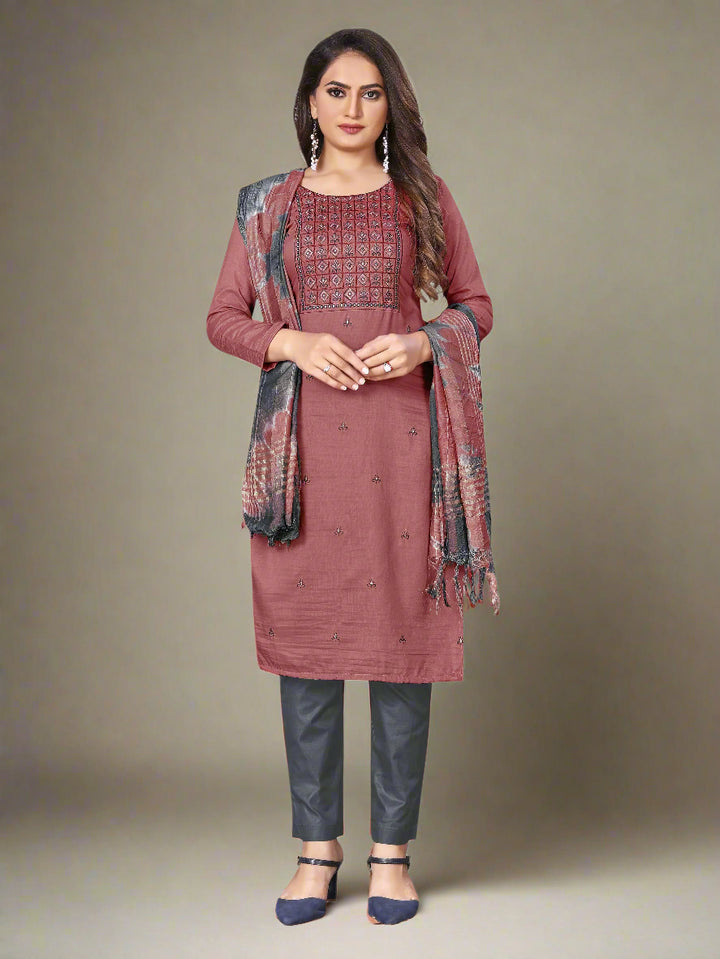 Embroidered Cotton Suit | Traditional Parampara Cotton with Printed Dupatta