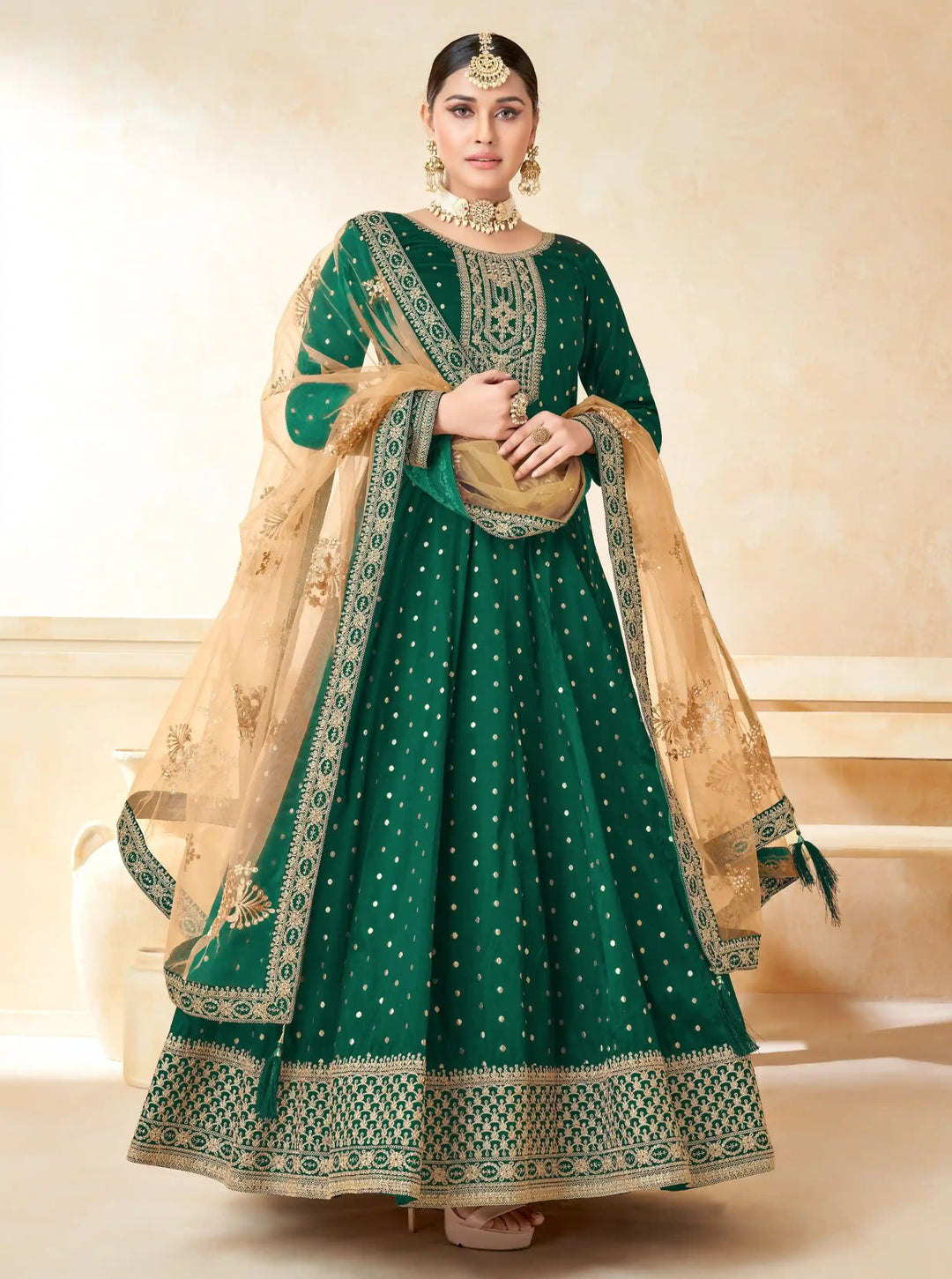 Elegant Anarkali Dress | Tafetta Silk with Wevon Copper Butti & Embroidery