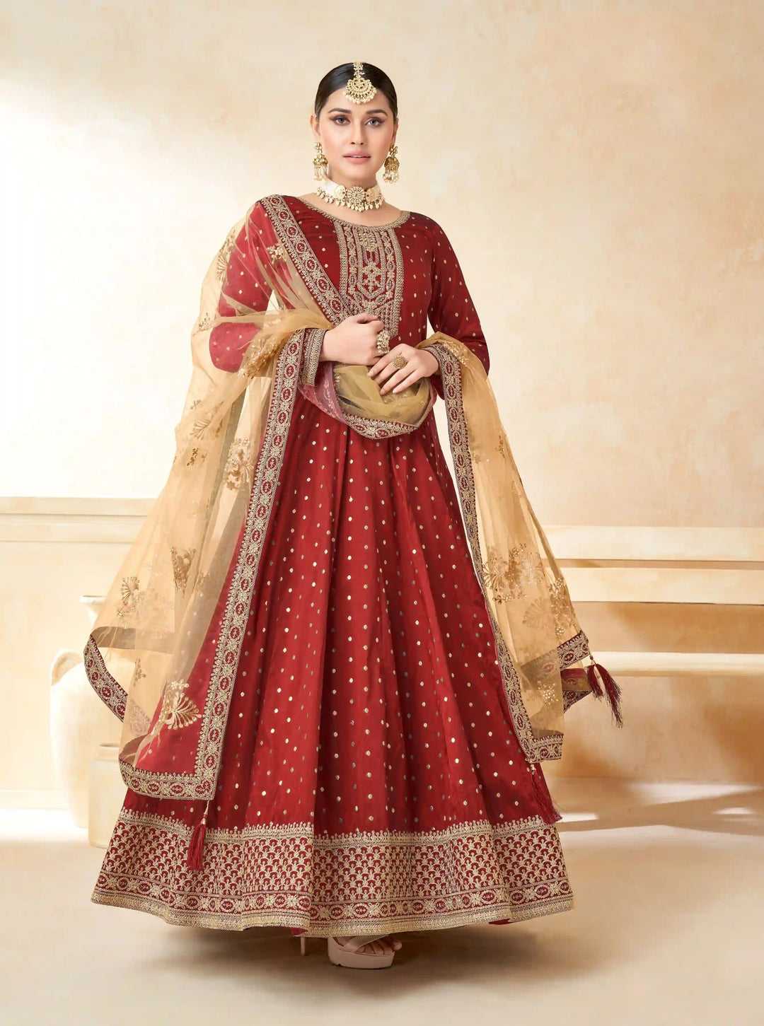 Elegant Anarkali Dress | Tafetta Silk with Wevon Copper Butti & Embroidery