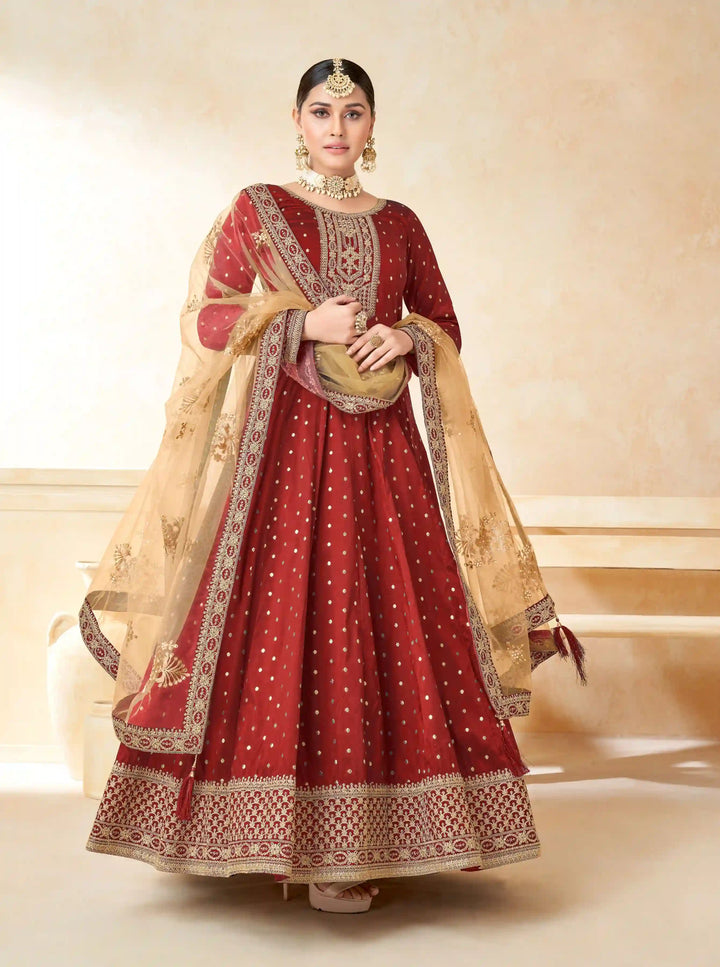 Elegant Anarkali Dress | Tafetta Silk with Wevon Copper Butti & Embroidery