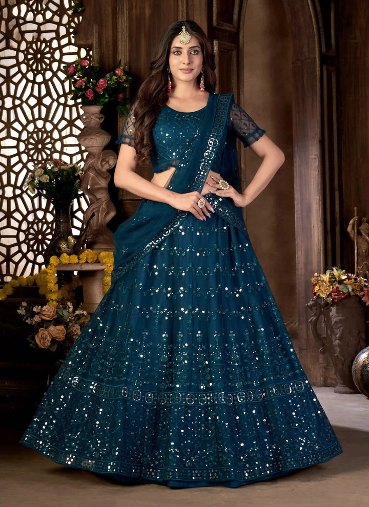 Designer Net Lehenga | Multi-Embroidery & Mirror Work For Wedding Wear