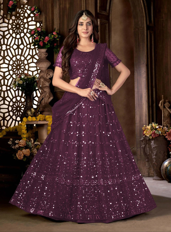 Designer Net Lehenga | Multi-Embroidery & Mirror Work For Wedding Wear