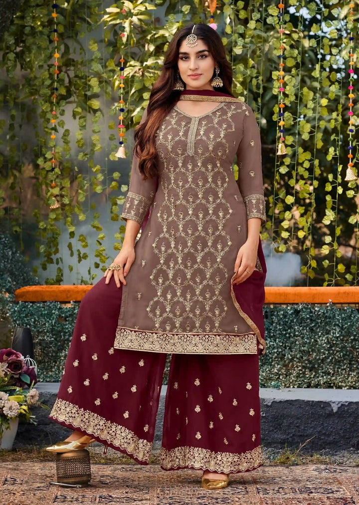 Luxe Look Salwar Suit in Chinon with Embroidery and Prints