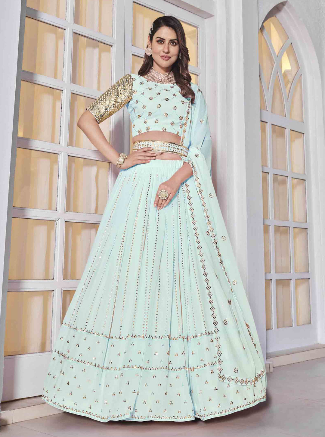 Elegant Sky Blue Lehenga | Thread Embroidery & Sequence Work Choli