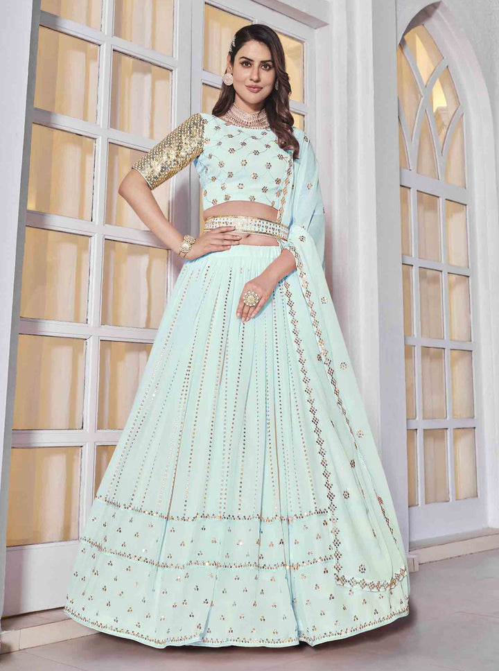 Elegant Sky Blue Lehenga | Thread Embroidery & Sequence Work Choli