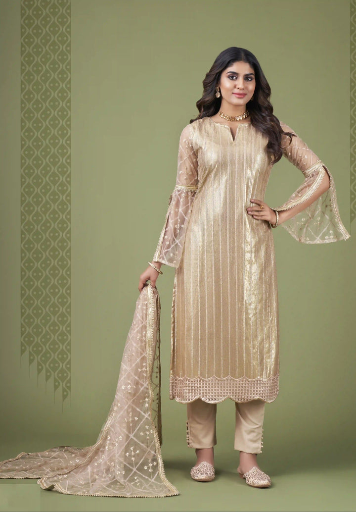 Beige Butterfly Net Salwar Suit | Tone-on-Tone Thread & Sequins Embroidery Work
