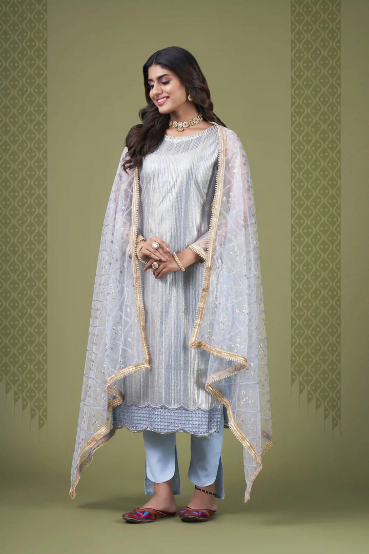 Sky Blue Butterfly Net salwar suit | American Crepe Bottom & Embroidery