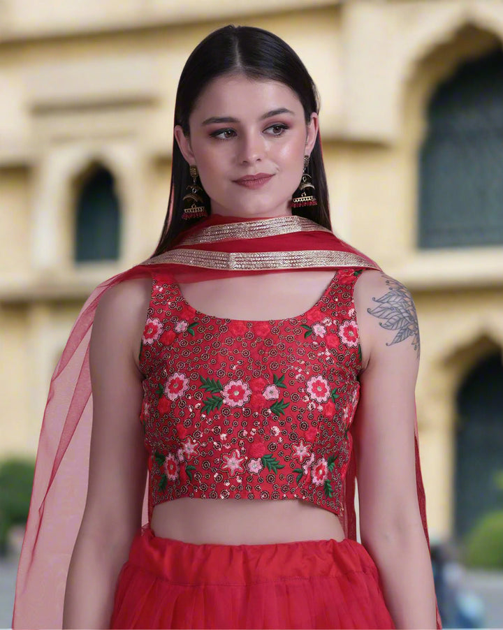 Designer Red Lehenga | Net Fabric with Embroidery Work for Events