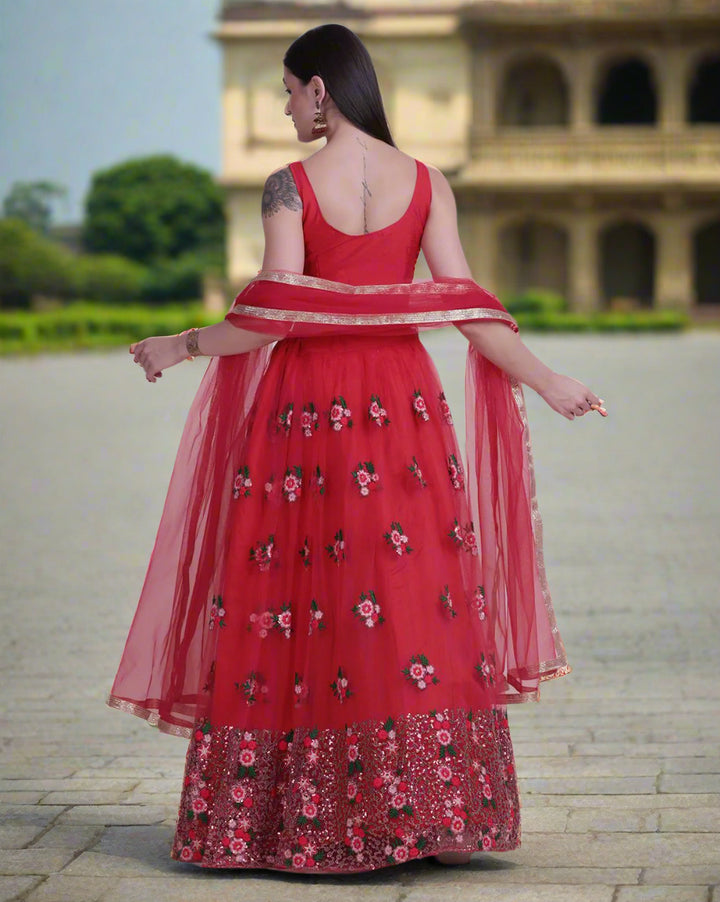 Designer Red Lehenga | Net Fabric with Embroidery Work for Events