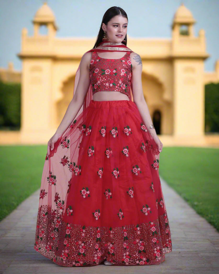 Designer Red Lehenga | Net Fabric with Embroidery Work for Events