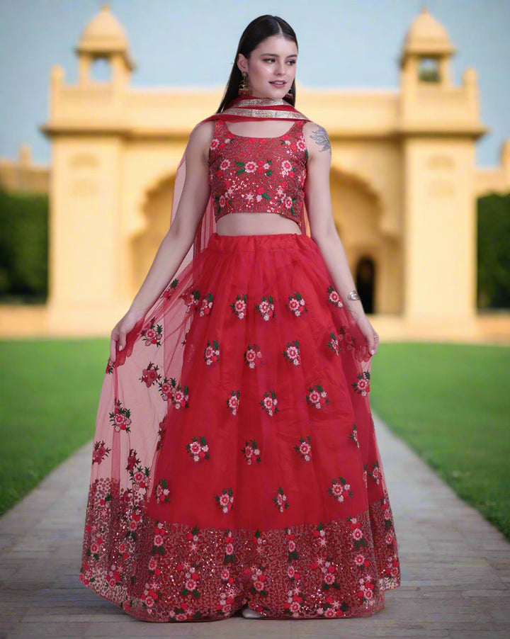 Designer Red Lehenga | Net Fabric with Embroidery Work for Events