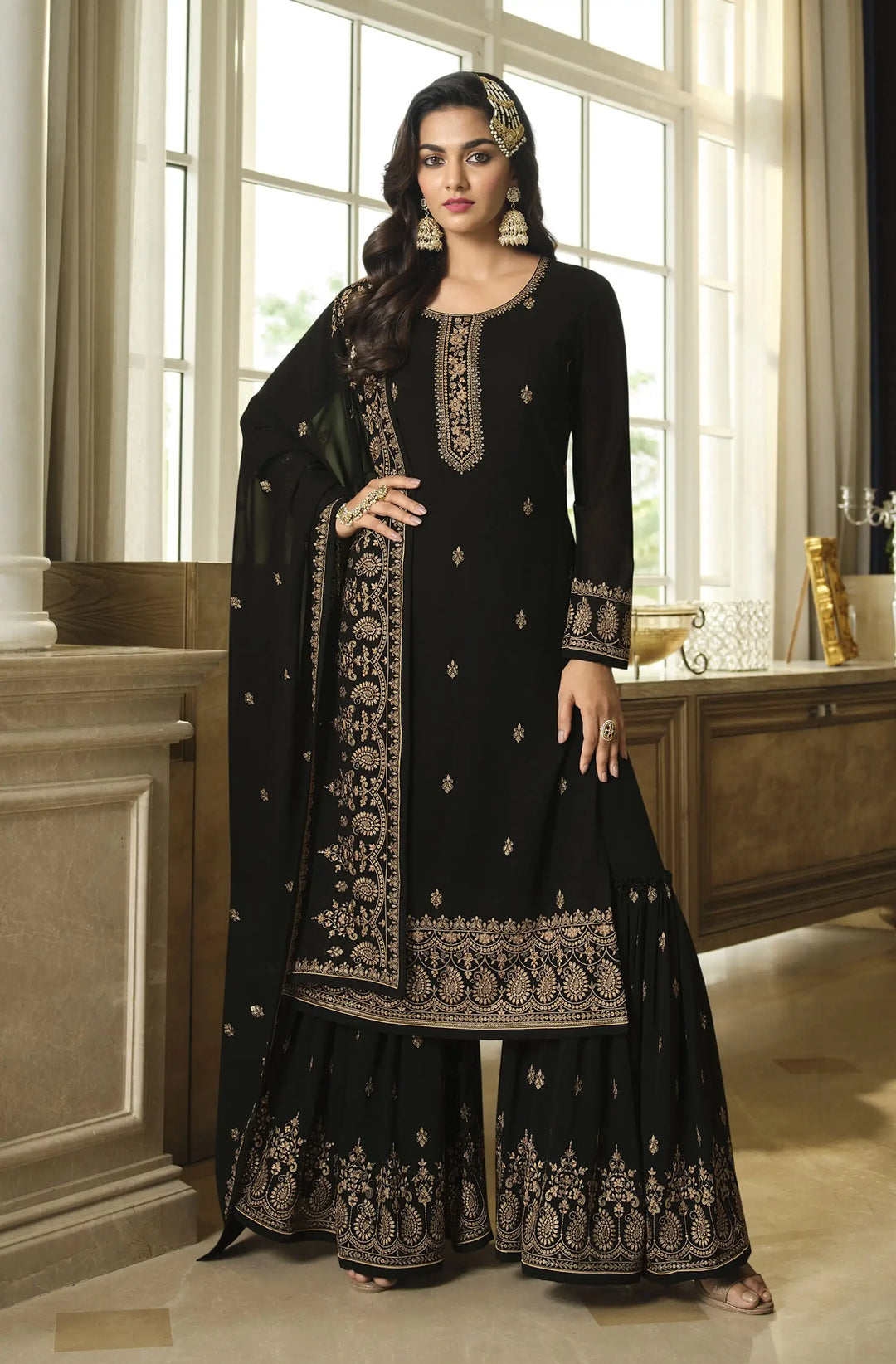 Stylish Faux Georgette Sharara Suit | Heavy Designer Sequins Embroidery