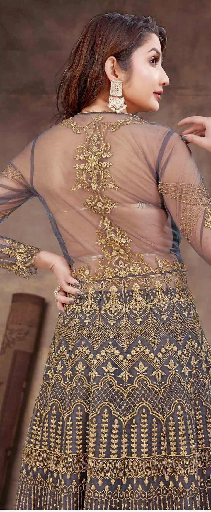 Designer Anarkali Dress in Grey Soft Net with Hand Embroidery