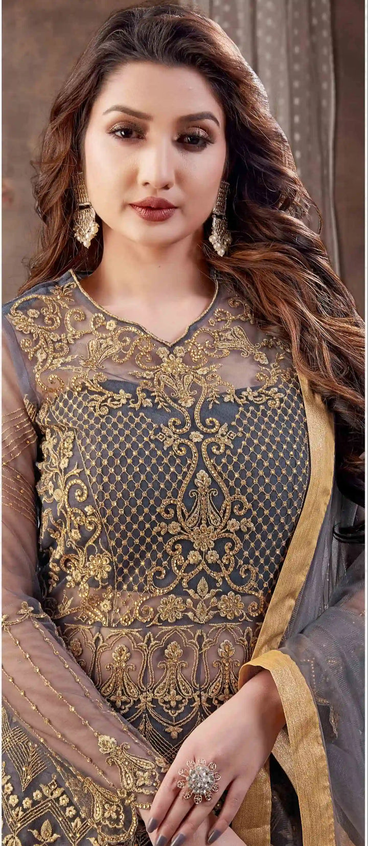 Designer Anarkali Dress in Grey Soft Net with Hand Embroidery