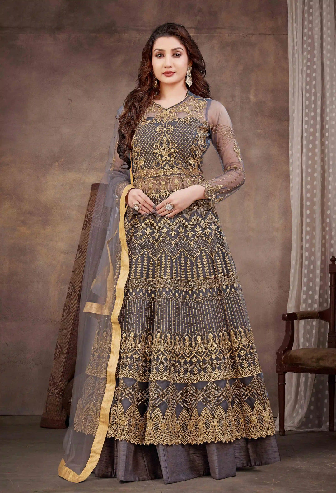 Designer Anarkali Dress in Grey Soft Net with Hand Embroidery