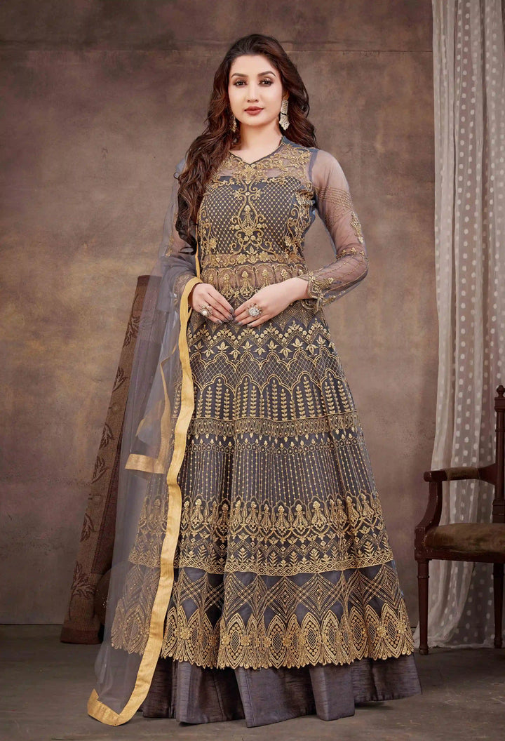 Designer Anarkali Dress in Grey Soft Net with Hand Embroidery