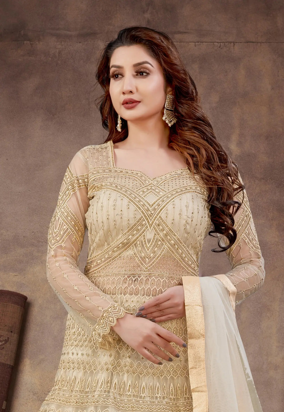 Elegant Beige Anarkali Suit | Designer Embroidery and Soft Net Dupatta