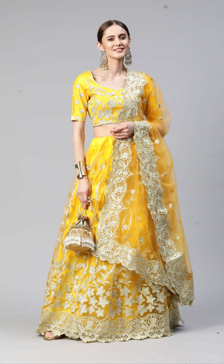 Designer Yellow Lehenga Choli Net & Satin Fabric | For Wedding Wear