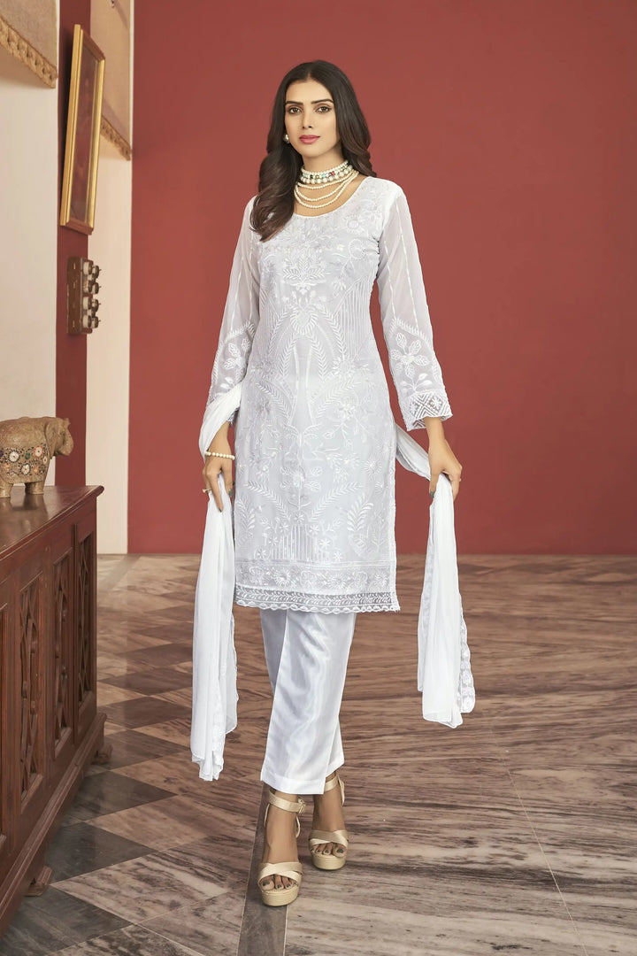White Faux Georgette Salwar Suit | Designer Embroidery with Nazneen Dupatta