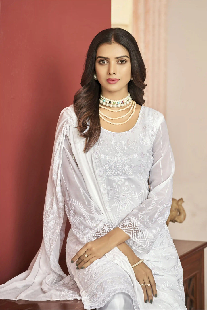 White Faux Georgette Salwar Suit | Designer Embroidery with Nazneen Dupatta