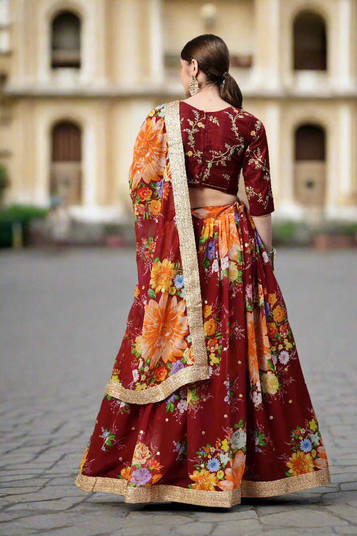 Art-Silk Floral Digital Printed Lehenga | Sequined Embroidery for Weddings