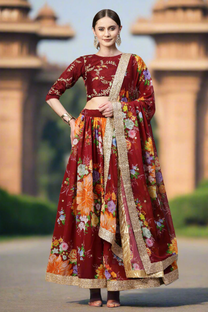 Art-Silk Floral Digital Printed Lehenga | Sequined Embroidery for Weddings