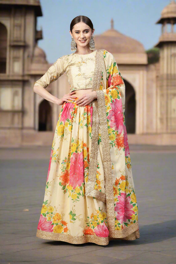 Art-Silk Floral Digital Printed Lehenga | Sequined Embroidery for Weddings