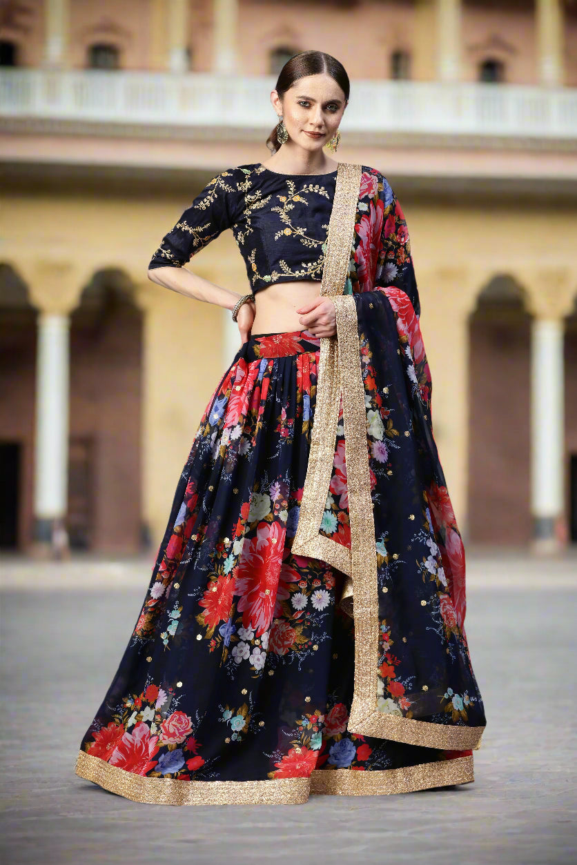 Art-Silk Floral Digital Printed Lehenga | Sequined Embroidery for Weddings