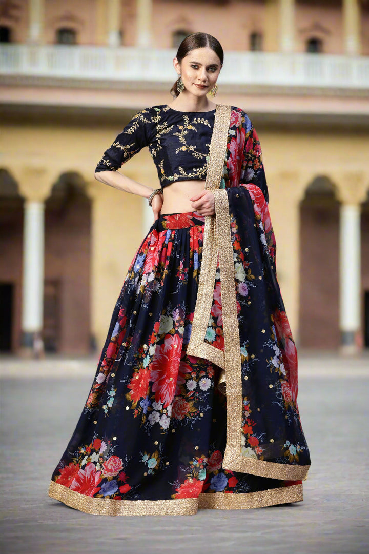 Art-Silk Floral Digital Printed Lehenga | Sequined Embroidery for Weddings