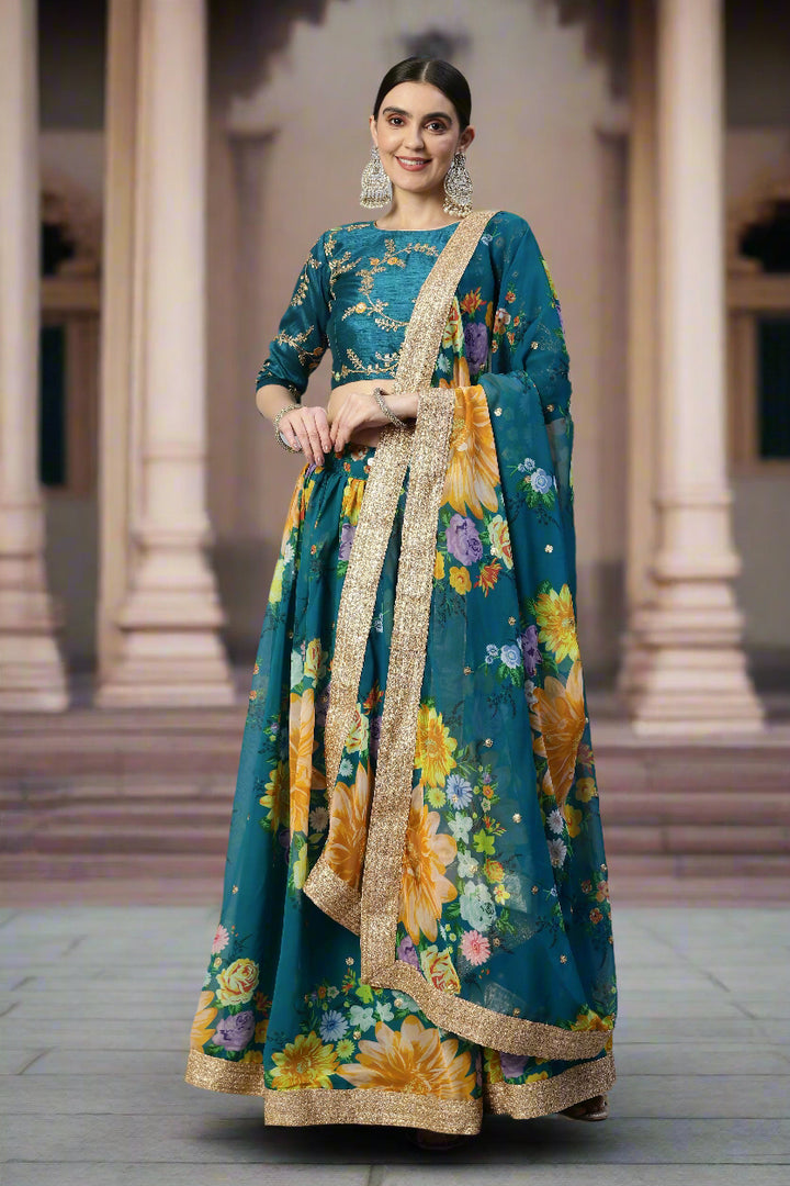 Art-Silk Floral Digital Printed Lehenga | Sequined Embroidery for Weddings