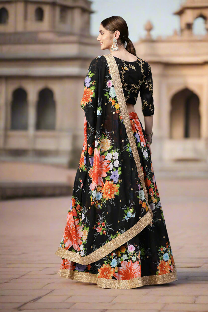 Art-Silk Floral Digital Printed Lehenga | Sequined Embroidery for Weddings