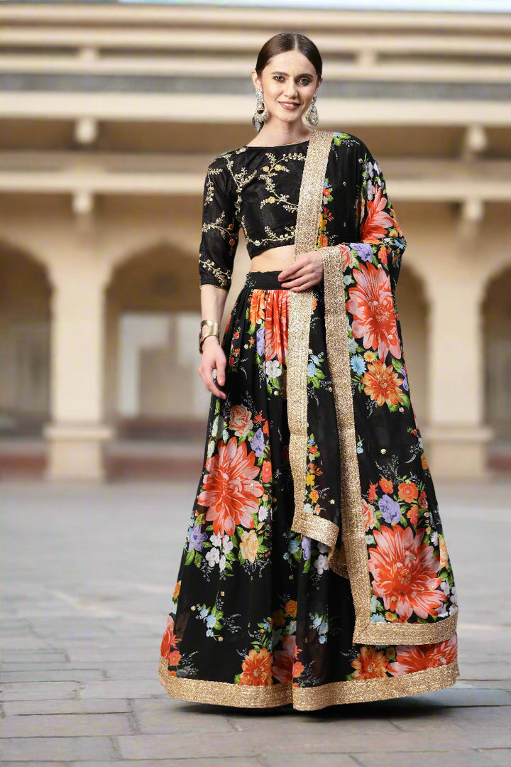 Art-Silk Floral Digital Printed Lehenga | Sequined Embroidery for Weddings