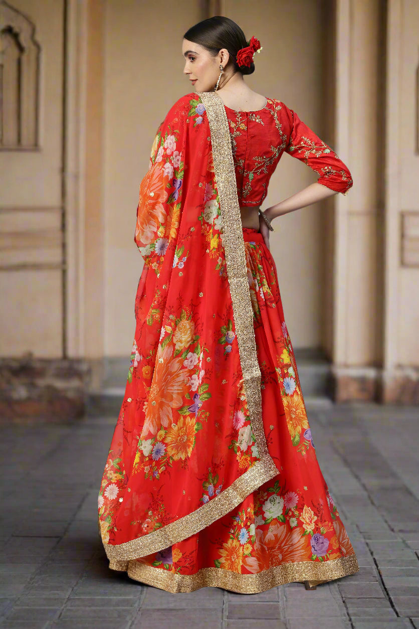 Art-Silk Floral Digital Printed Lehenga | Sequined Embroidery for Weddings