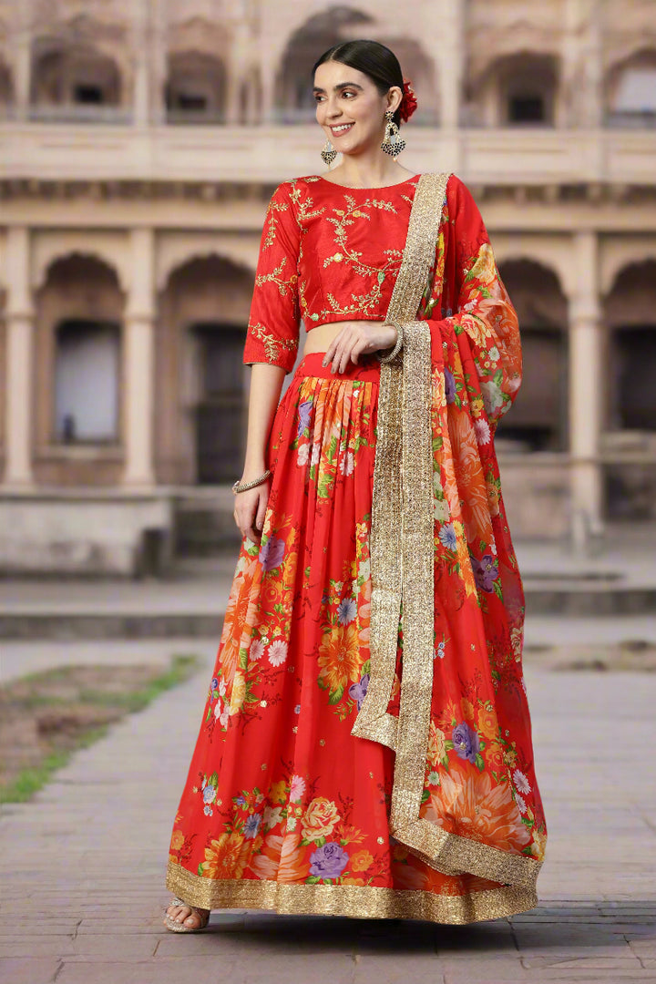 Art-Silk Floral Digital Printed Lehenga | Sequined Embroidery for Weddings