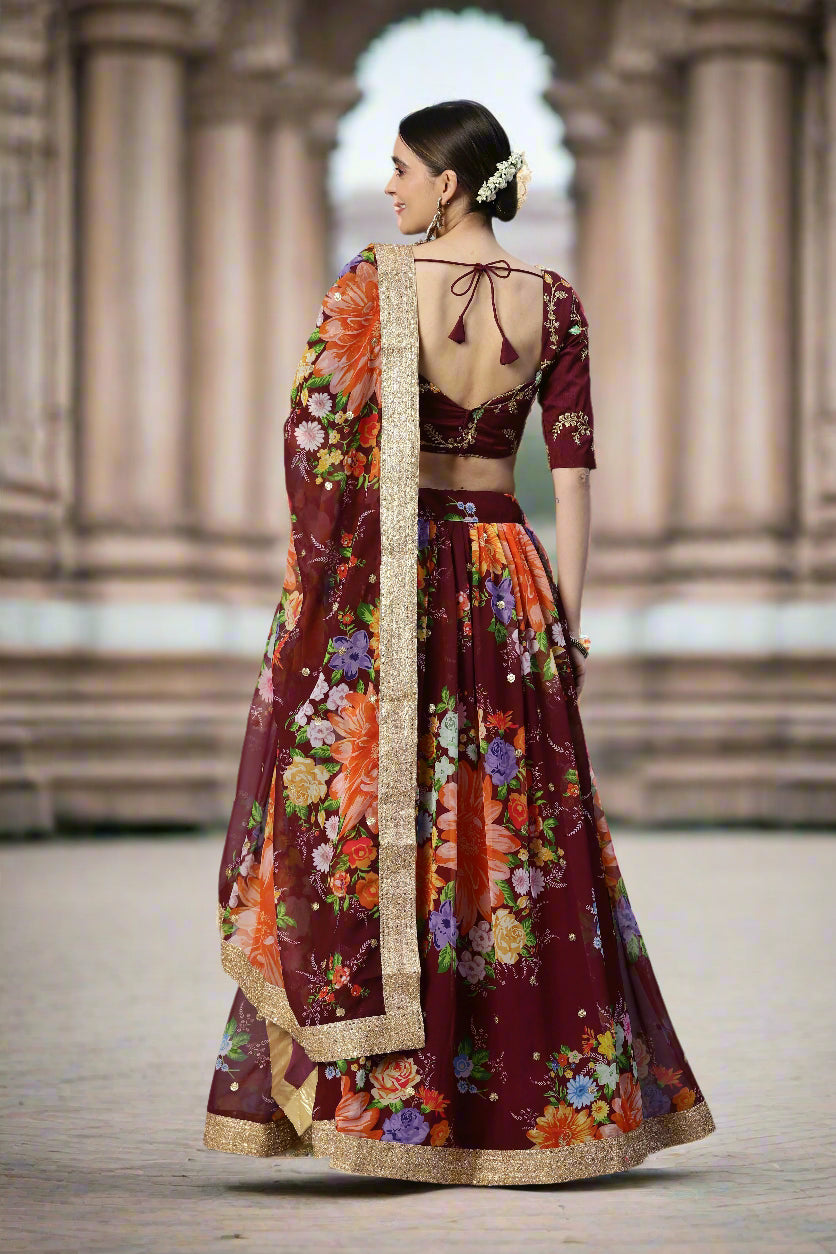 Art-Silk Floral Digital Printed Lehenga | Sequined Embroidery for Weddings