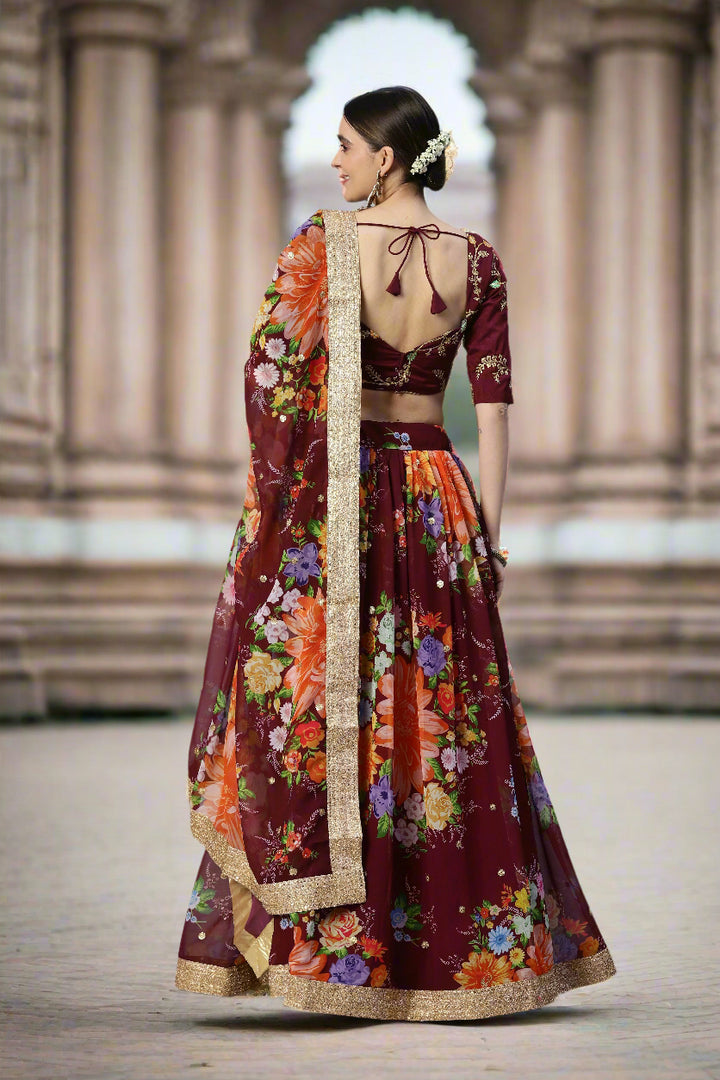 Art-Silk Floral Digital Printed Lehenga | Sequined Embroidery for Weddings