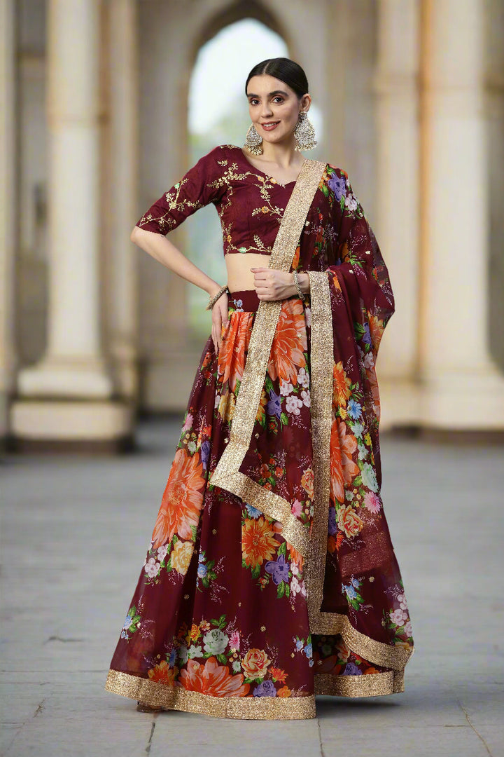 Art-Silk Floral Digital Printed Lehenga | Sequined Embroidery for Weddings