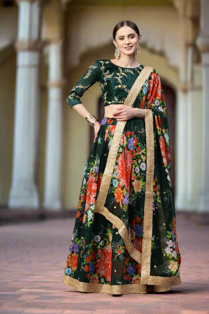 Art-Silk Floral Digital Printed Lehenga | Sequined Embroidery for Weddings