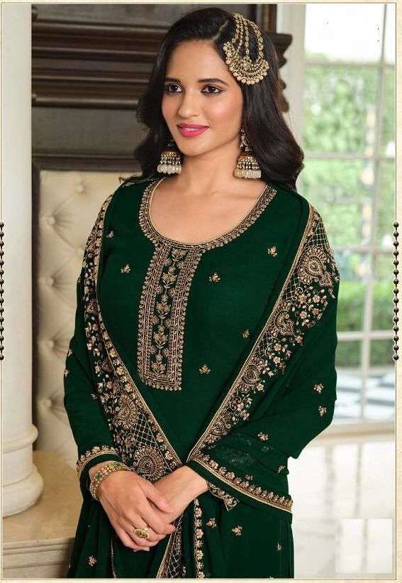Stunning Bottle Green Faux-Georgette Sharara Suit | Wedding Wear Designer Embroidery