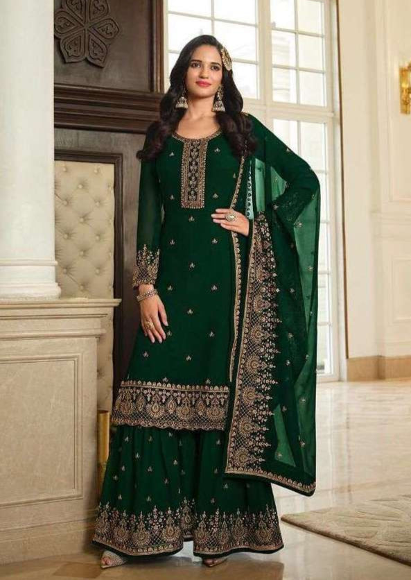 Stunning Bottle Green Faux-Georgette Sharara Suit | Wedding Wear Designer Embroidery