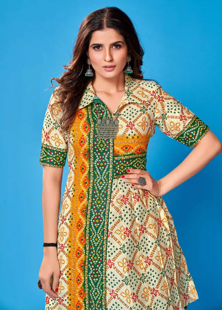 Off-White Indian Ethnic Kurti Pant Set | Designer Printed Casual Wear