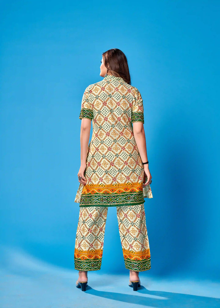 Off-White Indian Ethnic Kurti Pant Set | Designer Printed Casual Wear