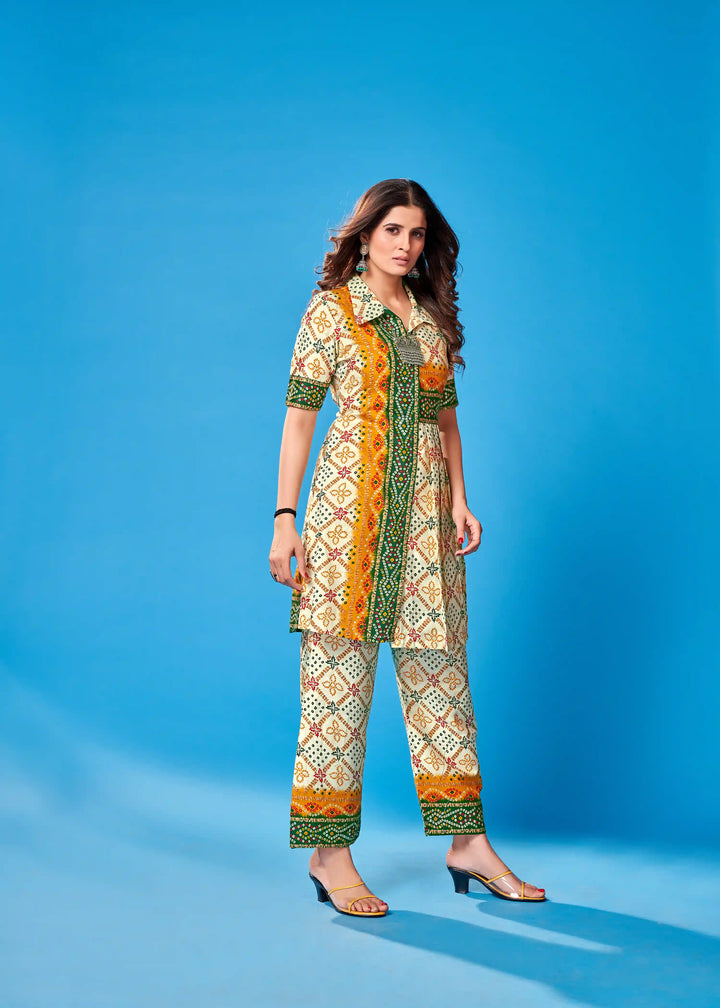 Off-White Indian Ethnic Kurti Pant Set | Designer Printed Casual Wear