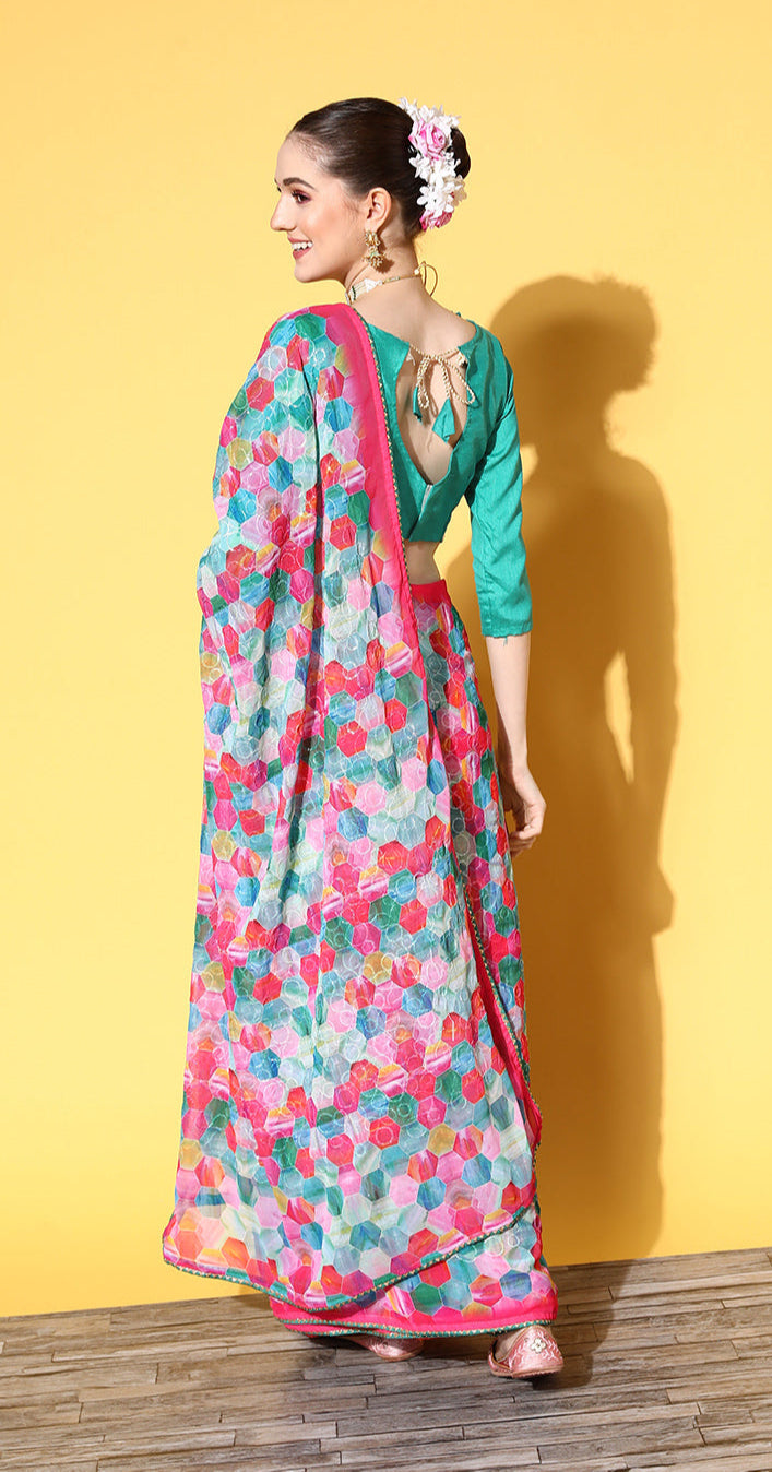 Designer Pink Printed Georgette Saree | Art-Silk Blouse for Special Events